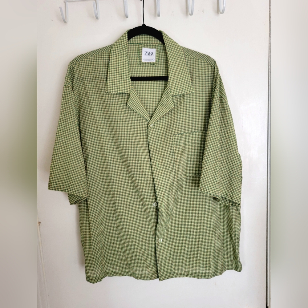 Zara Olive Checkered Button-Up Shirt